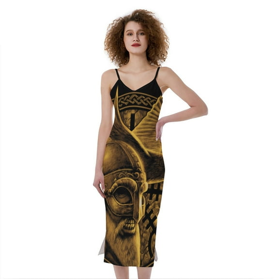 Gold Viking God Odin And Crow Print Slim Fit Midi Cami Dress, Jesus Christian Fashion Summer Maxi Sexy Casual Dress For Women