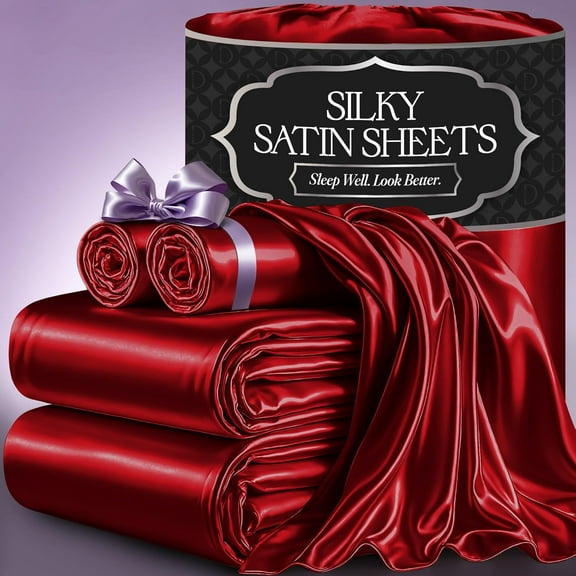 EnjinZZ Satin Bed Sheets - 4 Piece Luxury Silky King Size Bedding Set - Softer Than Silk, Wrinkle-Free with 15” Deep Pocket Fitted Sheet, Perfect for Hair & Skin, Gifts for Women (Red-001)