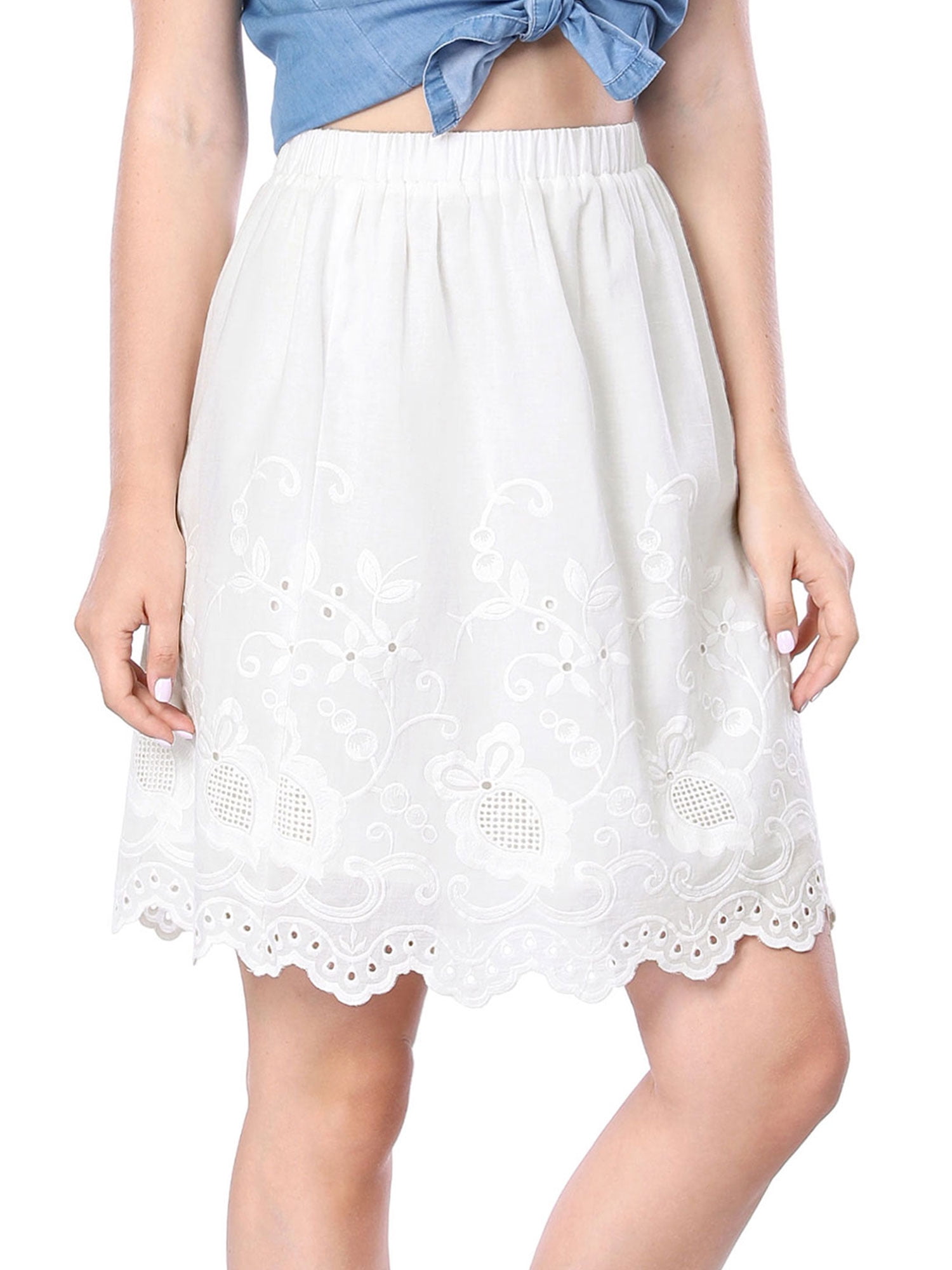 Unique Bargains Women's Embroidery Elastic Waist Knee Length Summer A