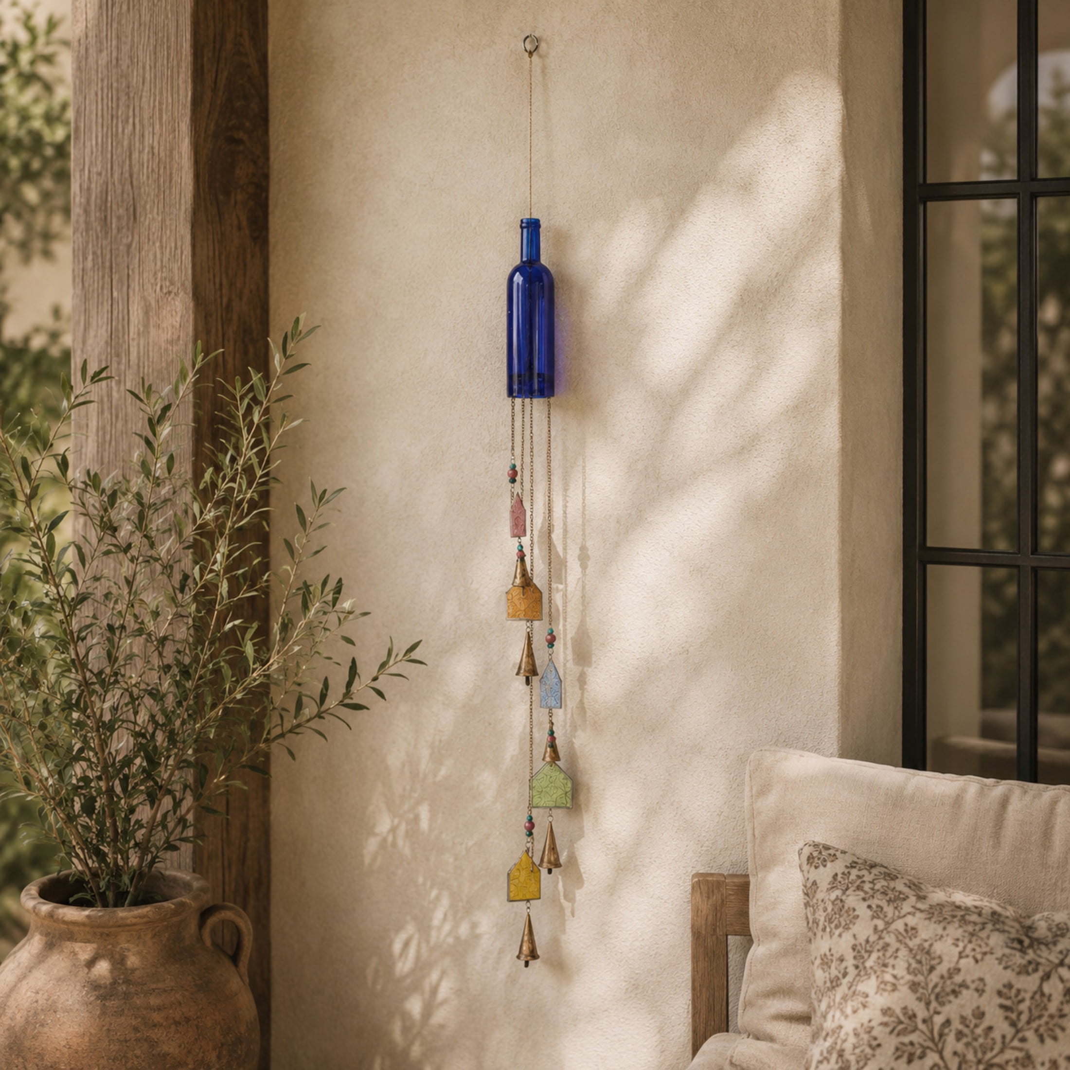 DecMode 45" Blue Glass Handmade Bottle Nautical Windchime with Beads and Cone Bells