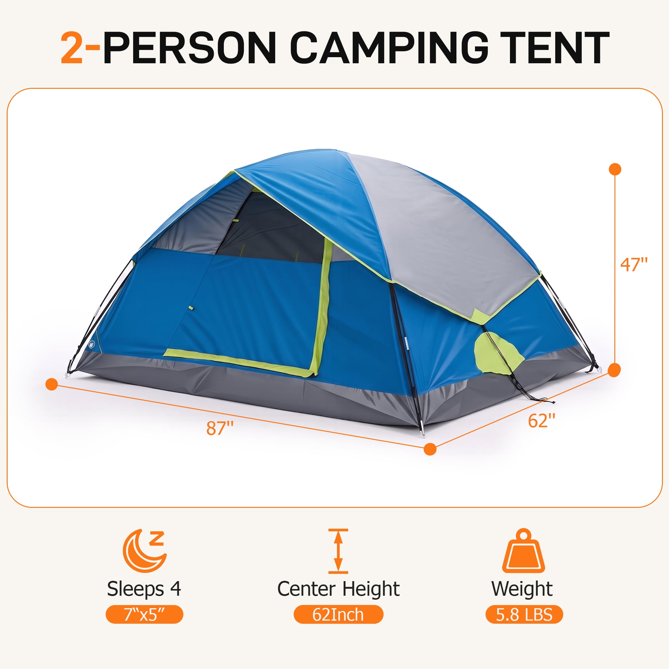 JIOABL 2 Person Dome Camping Tent with Rainfly, Waterproof Polyester, Ventilated Windows and Skylights, Easy Setup, Portable, Navy Blue