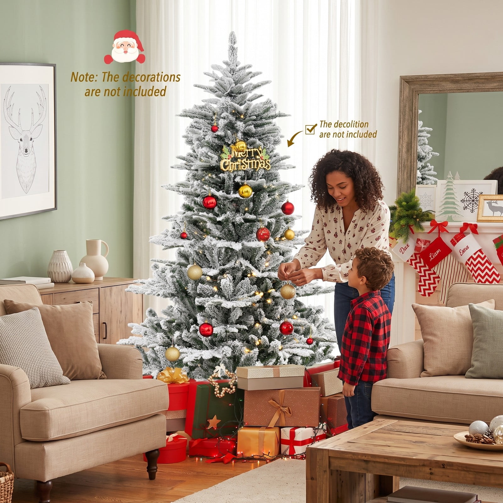 RUIE 6FT Snow Flocked Artificial Christmas Tree with 500 Cool White LED Lights, Remote Control, Timer & Hinged Branches, Pre-Lit Indoor Holiday Tree, Green & White