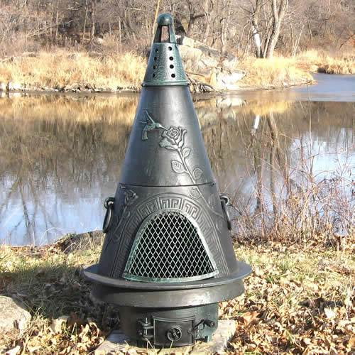 Outdoor Chiminea Fireplace Garden in Antique Green Finish (Gas Fueled) by The Blue Rooster