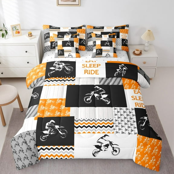Manfei Modern Motorcycle Print Twin Bedding Sets 7-Piece for Kid, Est Sleep Sports Bedding Comforter Set, Dirt Bike Lover Reversible Sheet Sets, Ultra Soft Home Decor