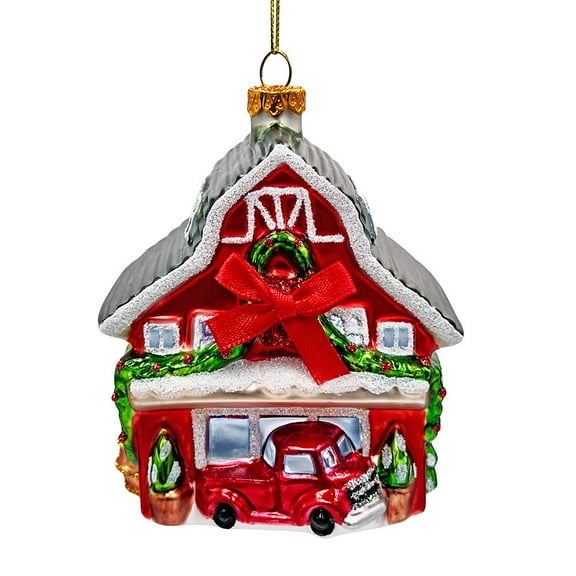 Charming Farmhouse Cabin Glass Christmas Ornament, Winter Rural Home Holiday Tree Decor
