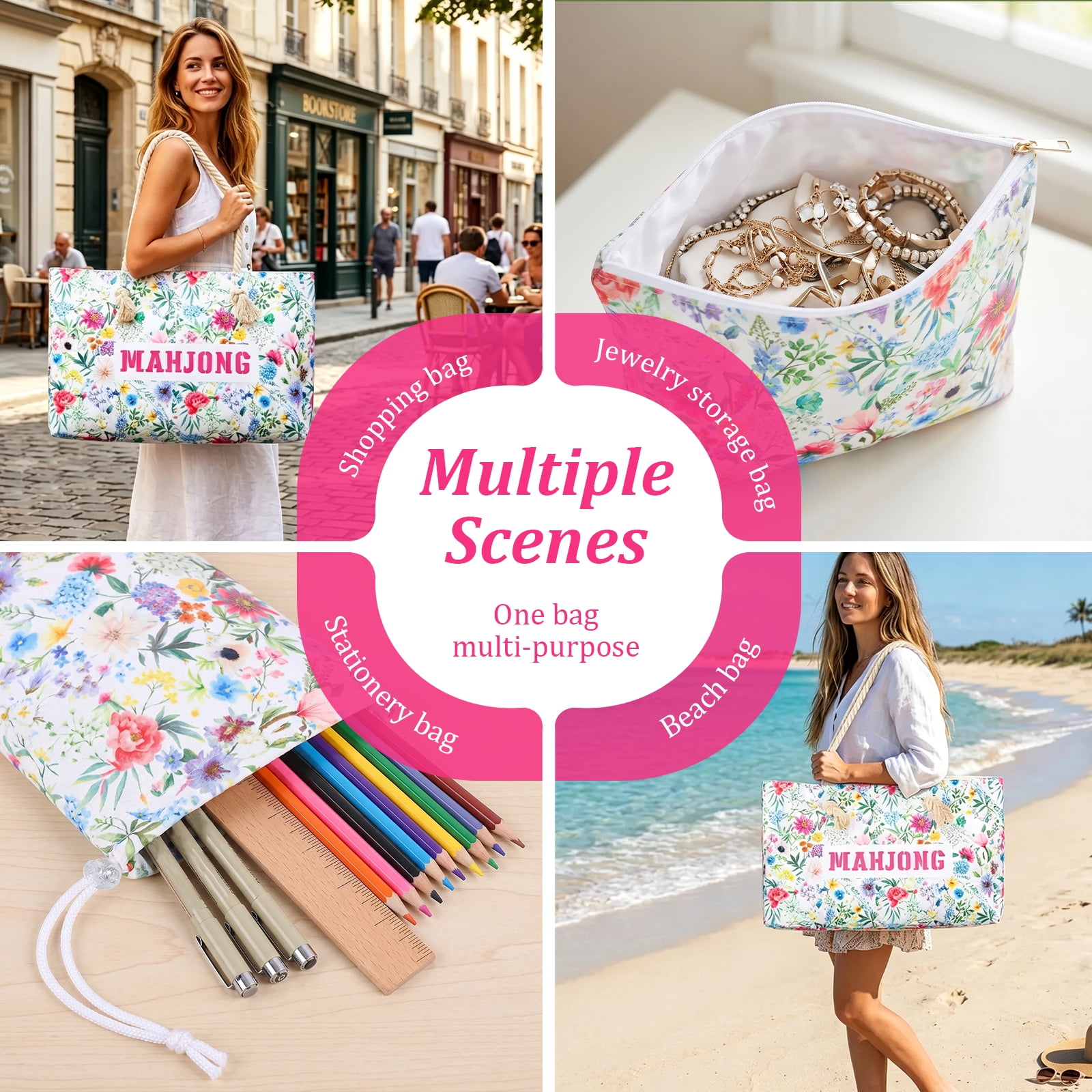 Floral Mahjong Storage Bag Set 3 Piece Organizer with Large Tote Tile Pouch and Drawstring Bag for American Mahjong Tile Rack and Accessories