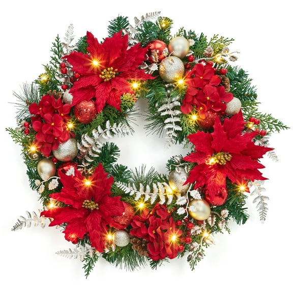 Pre-Lit Christmas Wreath for Front Door, 24 Inch Large Xmas Wreath for Holiday Decor, Battery Operated Xmas Lighted Wreath with Flower, Ball Ornaments & 20 LED Lights for Fireplace Window
