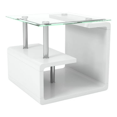 Furniture of America Velencia Glass Geometric End Table in Glossy White