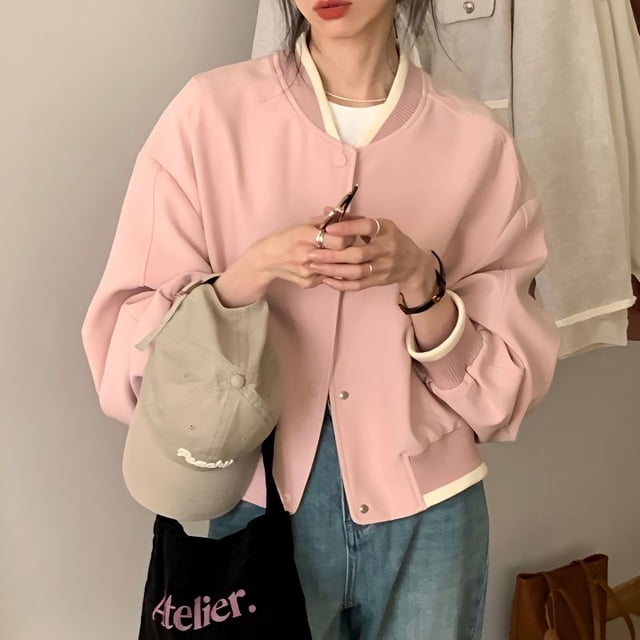 -Chaqueta corta de bombardero rosa para mujer, Chaqueta corta informal de gran tamaño, moda coreana, estética elegante, Primavera