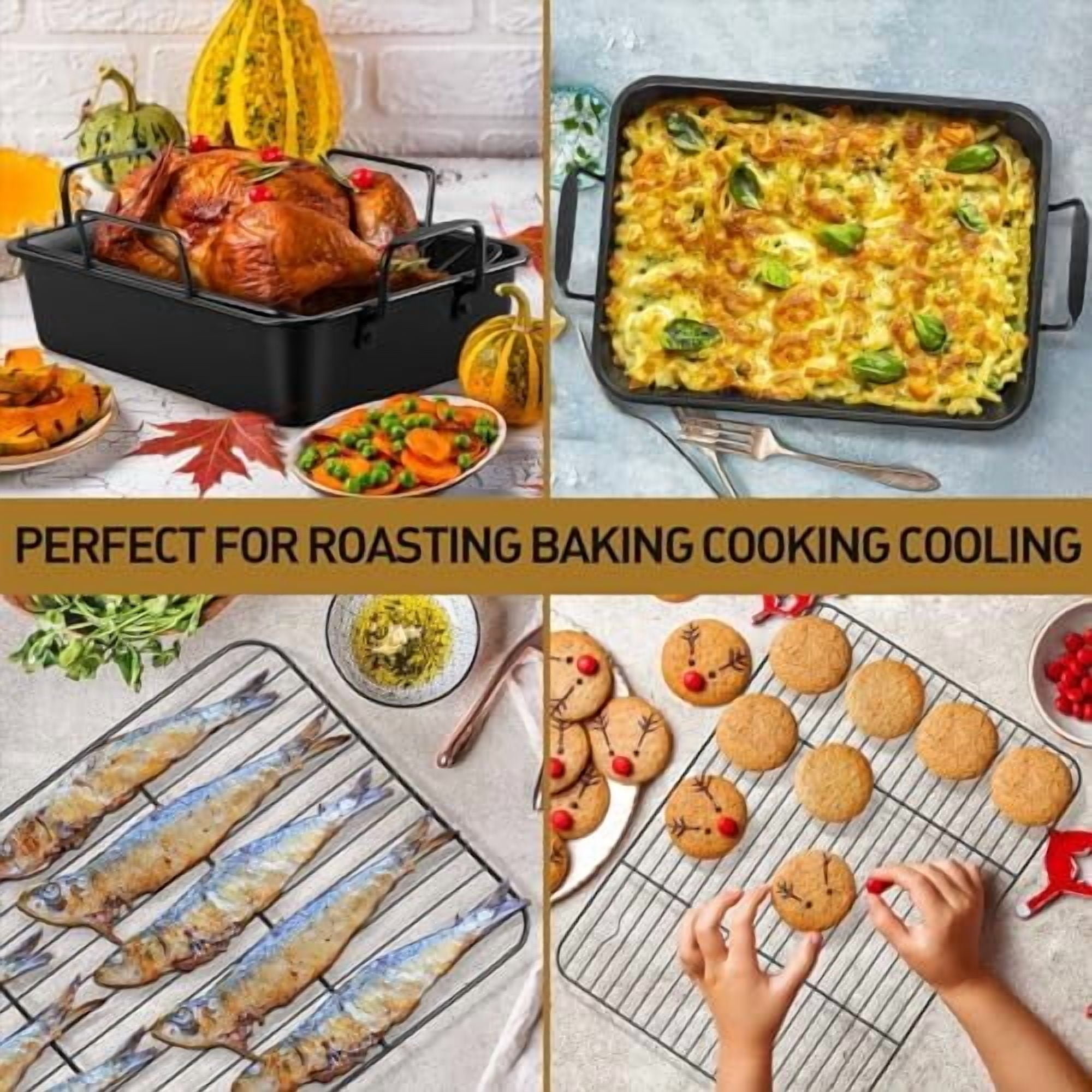 16" Roaster Roasting Pan with Baking Rack and V-shaped Rack, Stainless Steel Rectangular Lasagna Pan with Handles for Turkey Chicken, Healthy & Dishwasher Safe, 3 Pieces, Black