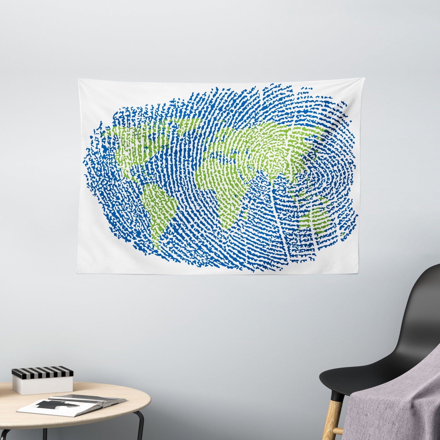 World Map Tapestry, Map of the World Fingerprint Style Continents Asia Europe Africa America 