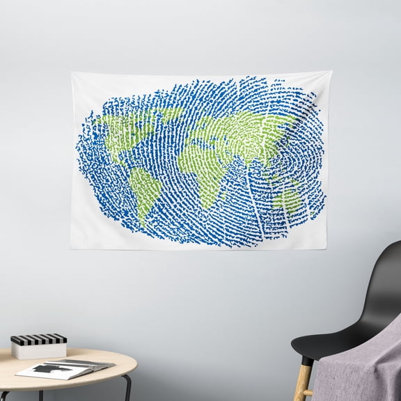 World Map Tapestry, Map of the World Fingerprint Style Continents Asia Europe Africa America, Wall Hanging for Bedroom Living Room Dorm Decor, 60W X 40L Inches, Navy Blue Green, by Ambesonne