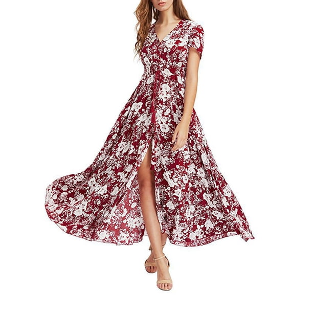 SAYOO Vestido bohemio femenino, estampado de flores de verano con cuello en V corto / media manga de una pieza para damas, S / M / L / XL / XXL SAYOO moda