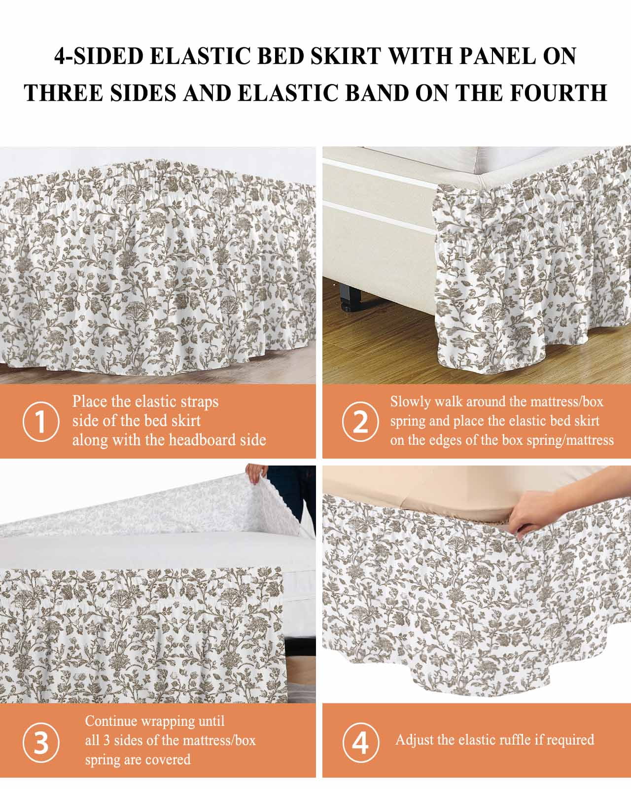 Vintage Brown Floral Bed Skirt Farmhouse Flower Pastoral Style Bed Skirts King Size 18 Inch Drop, Wrap Around Dust Ruffle&nbsp;Bedskirt with Adjustable Elastic Belt for Queen Size Beds