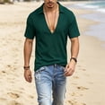 thumbnail image 2 of GrmtClth Mens Deep V-Neck Spread Collar Polo Shirt Casual Waffle Knit Short Sleeve Top Lightweight Breathable Textured Solid Color Summer Daily Wear Tees Army Green L, 2 of 5