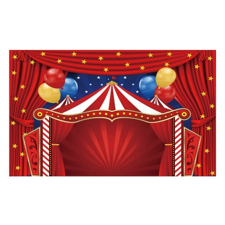 Image of Funnytree Big Top Circus Theme Party Backdrop Carnival Carousel Red Tent Baby Shower Birthday Photography Background Cartoon Curtain Stars Balloon Cake Table Decorations Banner Photo Booth