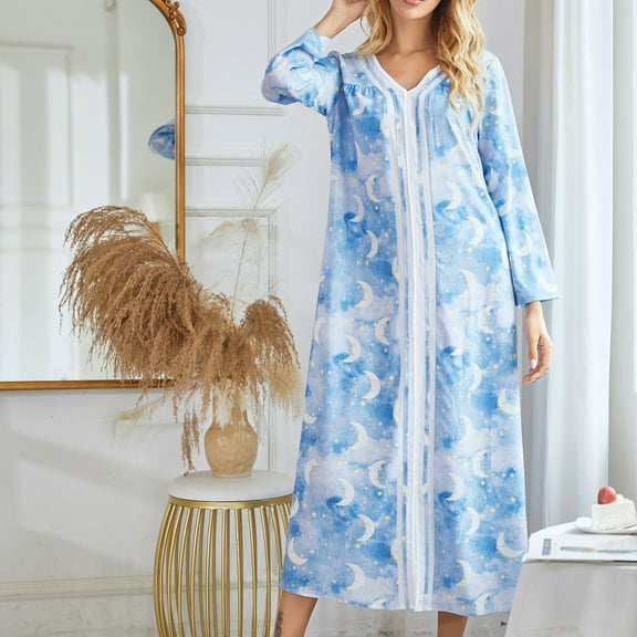 AOOCHASLIY Ladies Dress Clearance Women Long Sleeve Long Skirt V-neck Pajamas Pullover Nightgown Printed Dress