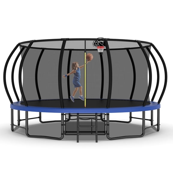 Leumius 16FT Trampoline for Kids and Adults,Outdoor Pumpkin Trampolines with Curved Poles and Enclosure Net,Heavy Duty Trampoline with Ladder and Basketball Hoop,Blue