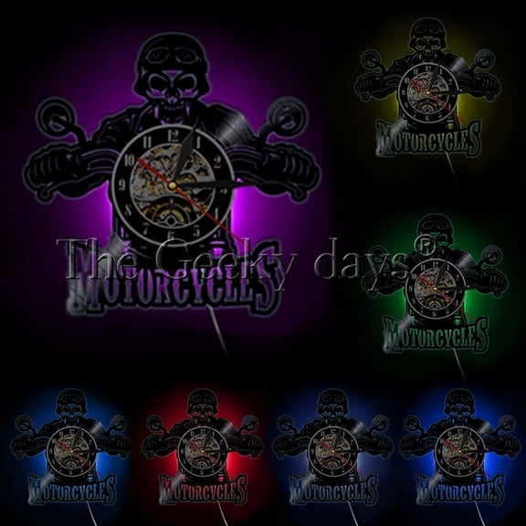 Skull in Helmet Racer Motorcycles Wall Clock Racer Skull Biker Vinyl Record Wall Clock Halloween Home Decor Skull Rider Clock