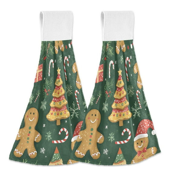 Yayeee Kitchen Hanging Hand Towels Set of 2 with Loop Bathroom Absorbent Tie Towel, Beige Christmas Gingerbread