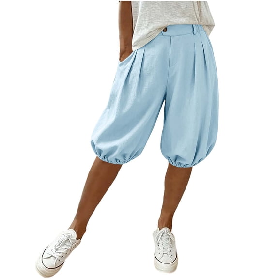 TEAJOPSUU Womens Balloon Shorts Button Waist High Waisted Pleats Shorts Loose Causal Shorts Pants Light Blue