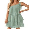 thumbnail image 1 of PENGXIANG Femmes Été une Épaule Robe Sans Manches Volants Couches Plissée Mini Robe une Ligne Ourlet Fluide Robe de Plage, 1 of 5