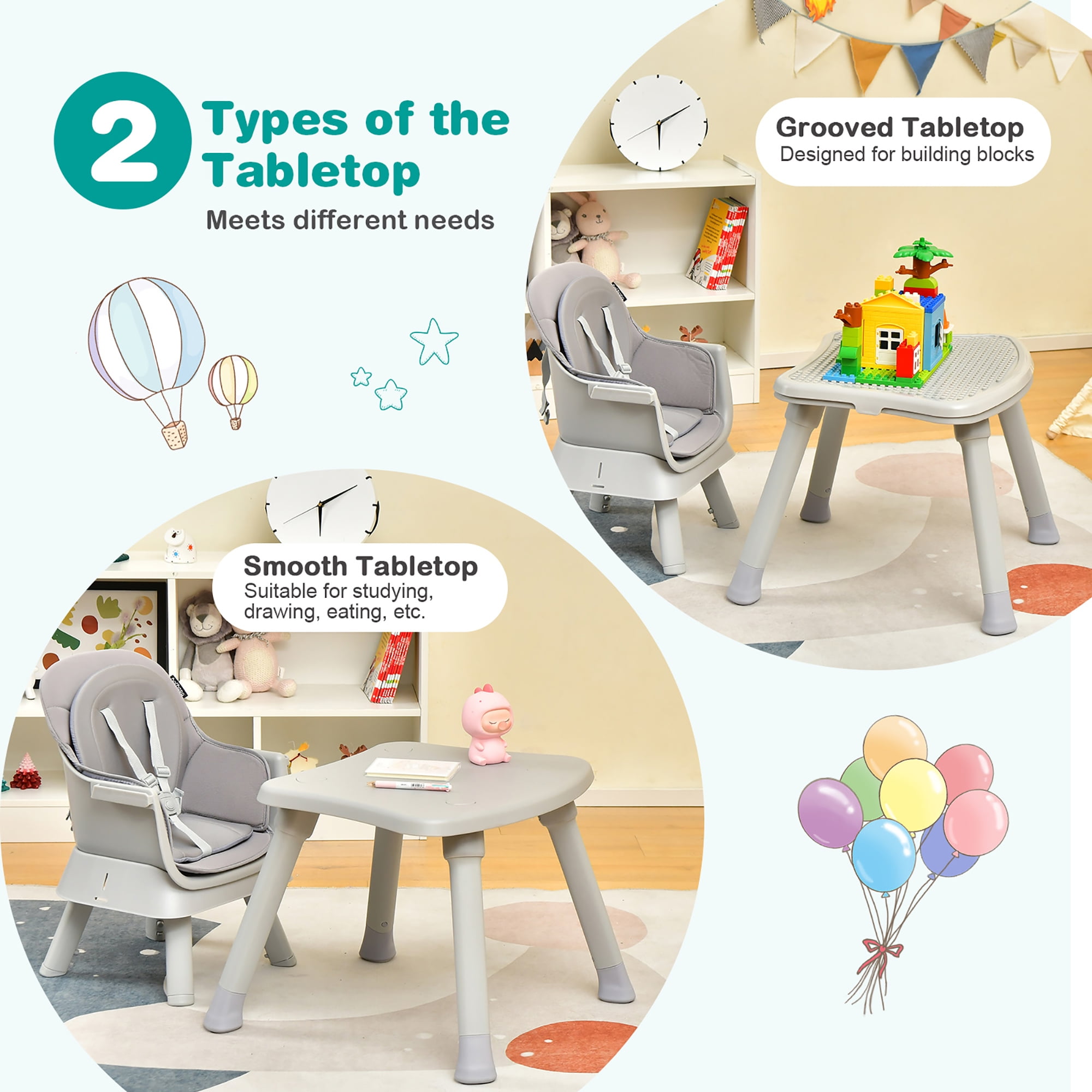 Costway  8-in-1 Baby High Chair Convertible Dining Booster Seat w/ Removable Tray Gray
