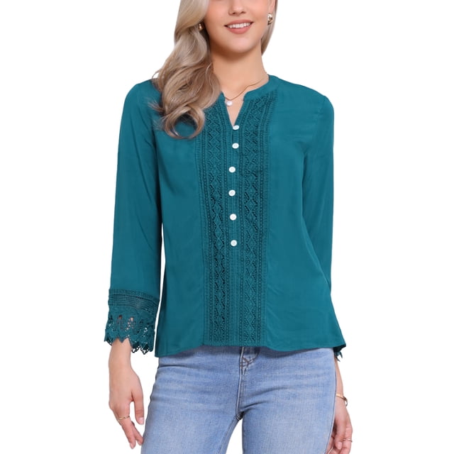 Blusas de encaje de ganchillo de manga larga con media botonera para mujer Allegra K XL azul pavo real