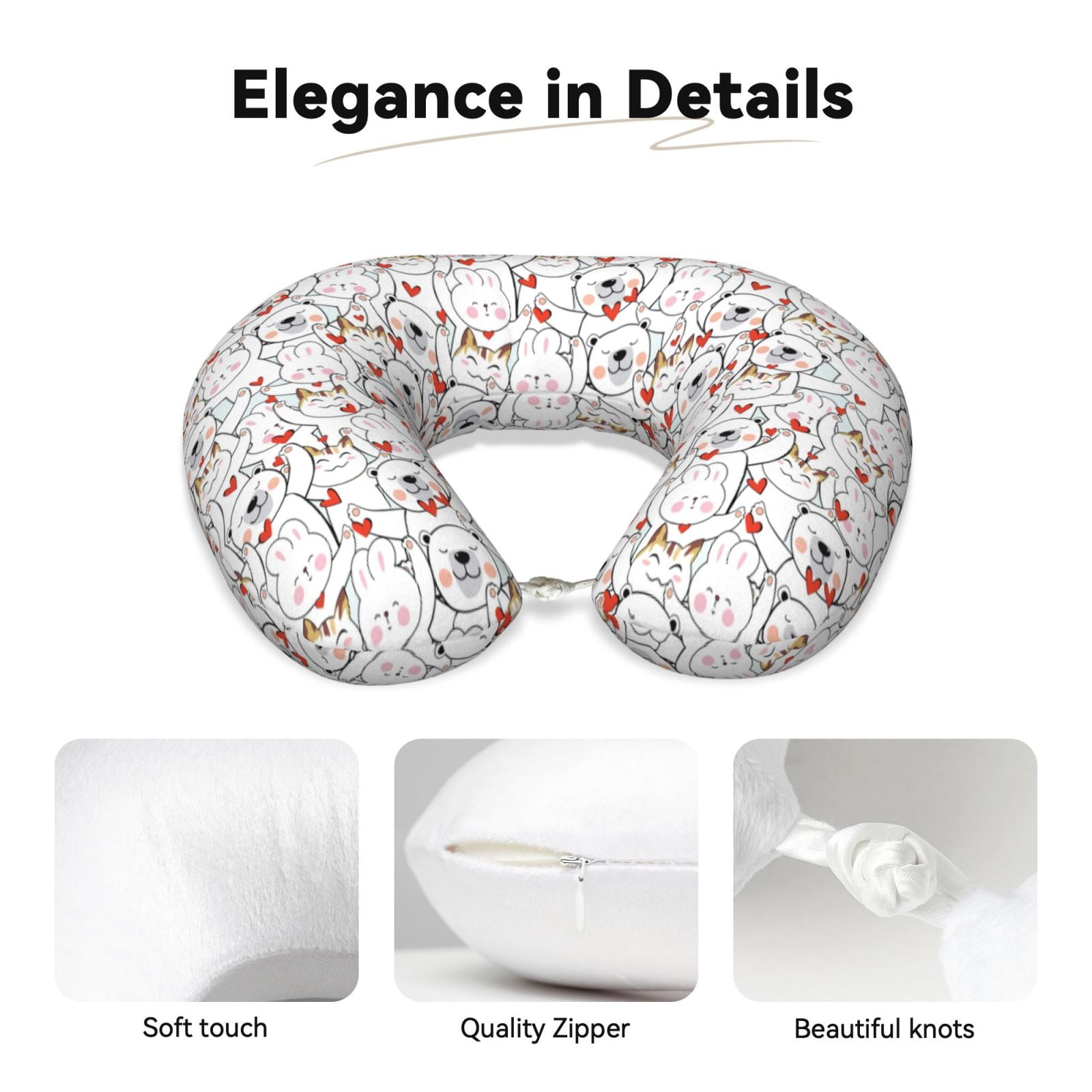 Xecao Cat Bear Rabbit Print Memory Foam Cervical Neck Pillow Versatile U-Shaped Pillows for Home,Office,Camping,Travelling,Soft Washable Cover