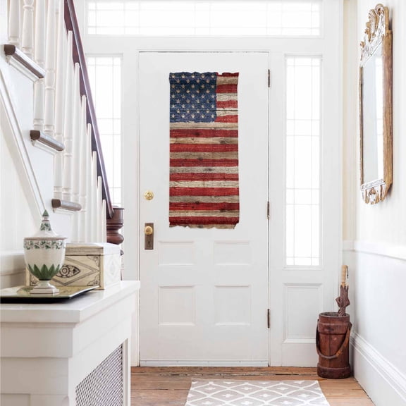 Retro American Flag Door Curtains for Door Window, French Sidelight Front Back Door Curtains With Tieback, Vintage USA Flag Red Blue Wooden Kitchen Rod Pocket Drapes Panel, 25"x40"