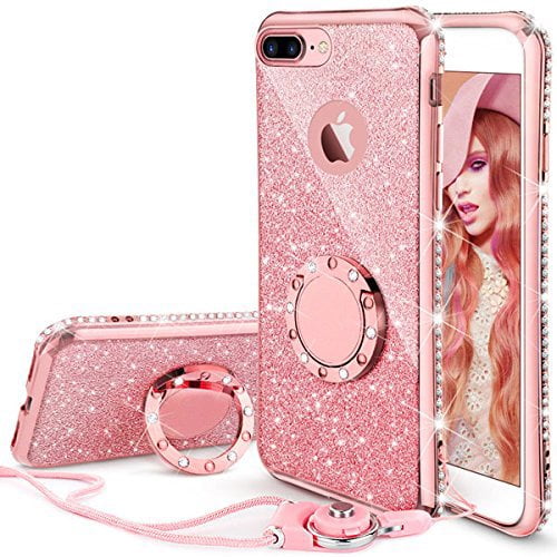 iPhone 7 Plus Case, iPhone 8 Plus Case, Glitter Cute Phone Case Girls with Kickstand, Bling Diamond Rhinestone Bumper Ring Stand Pink iPhone 7 Plus/ 8 Plus Case for Girl Women -