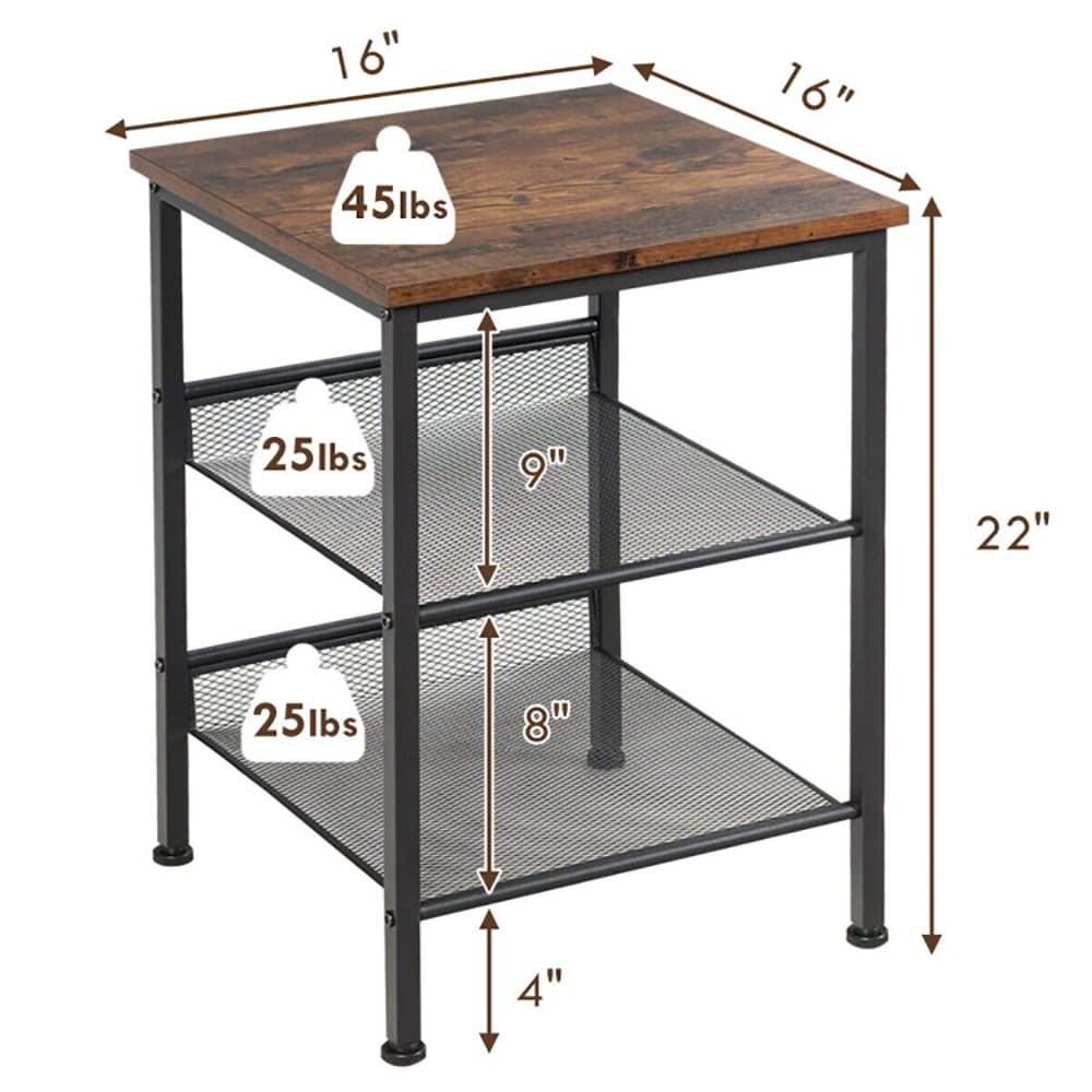 Finihen End Table, 3-Tier Industrial End Table with Mesh Shelves and Adjustable Shelves, Sofa Side Table, Bed Side Table, for Living Room, Bedroom, Brown