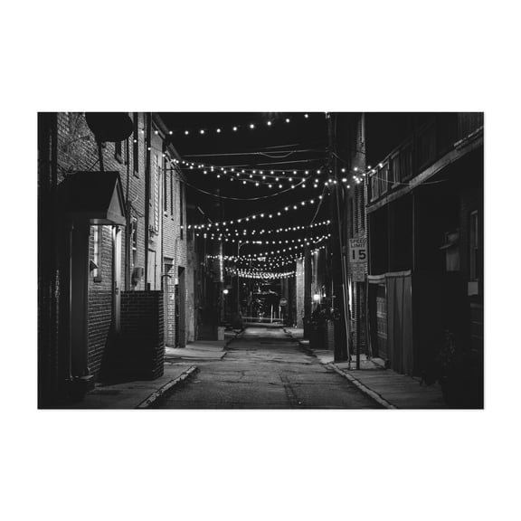 Chapel Street String Lights B&W - Baltimore Maryland Photography Unframed Wall Art Print 5 x 7 inches