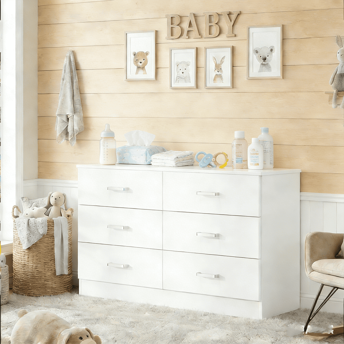 Winkalon White Dresser for Bedroom, 6 Drawer Dresser Chest of Drawers, Wood Dressers for Closet, Wide Modern Dressers for Living Room, Hallway, Entryway, TV Stand, White