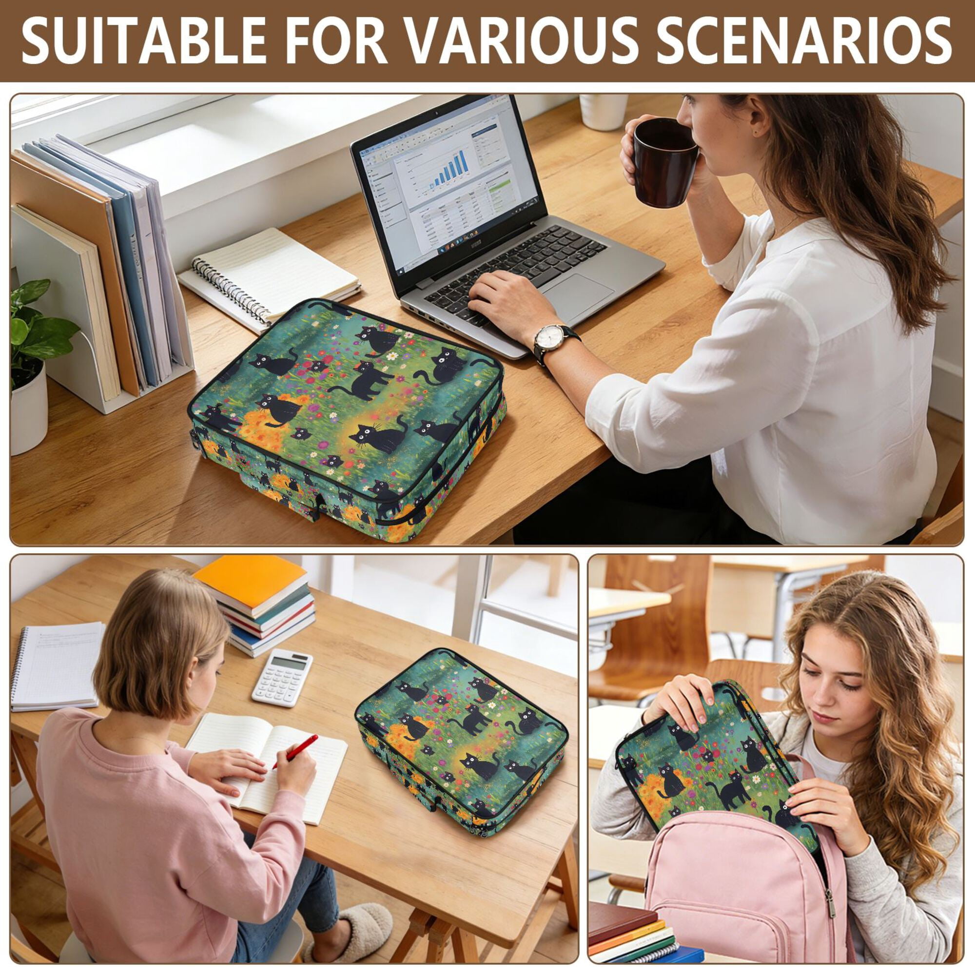 FORMRS Accordion File Folder A4 Size 7-Pocket Expanding Document Organizer Bag with 3 Ring Binder, Floral Black Cats Pattern