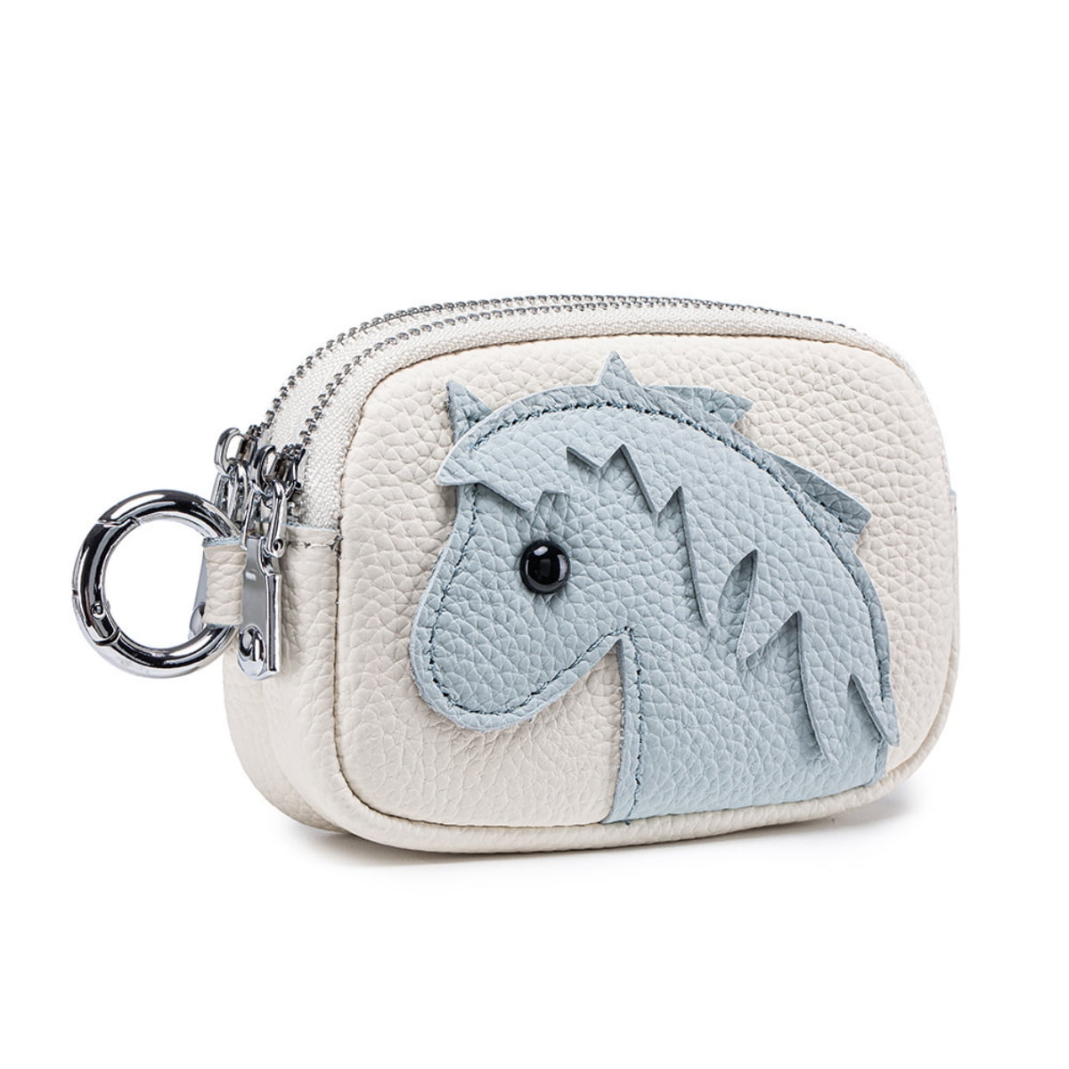Genuine Leather Coin Purse for Women Double Zipper Small Change Pouch with Cute Horse Pattern Portable Mini Wallet Key Holder Detachable Bag Charm for Tote Bag Decoration