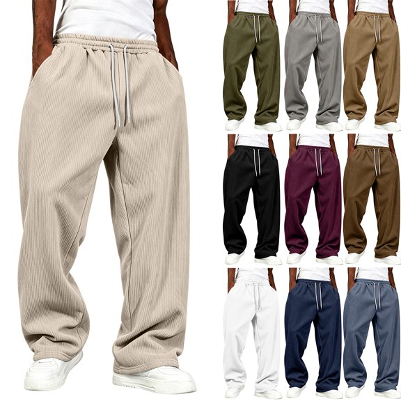 Evdexr Corduroy Pants Mens Drawstring Baggy Sweatpants Fall Winter Hip Hop Travel Pants Loose Fit Breathable Solid Color Trousers with Pockets L