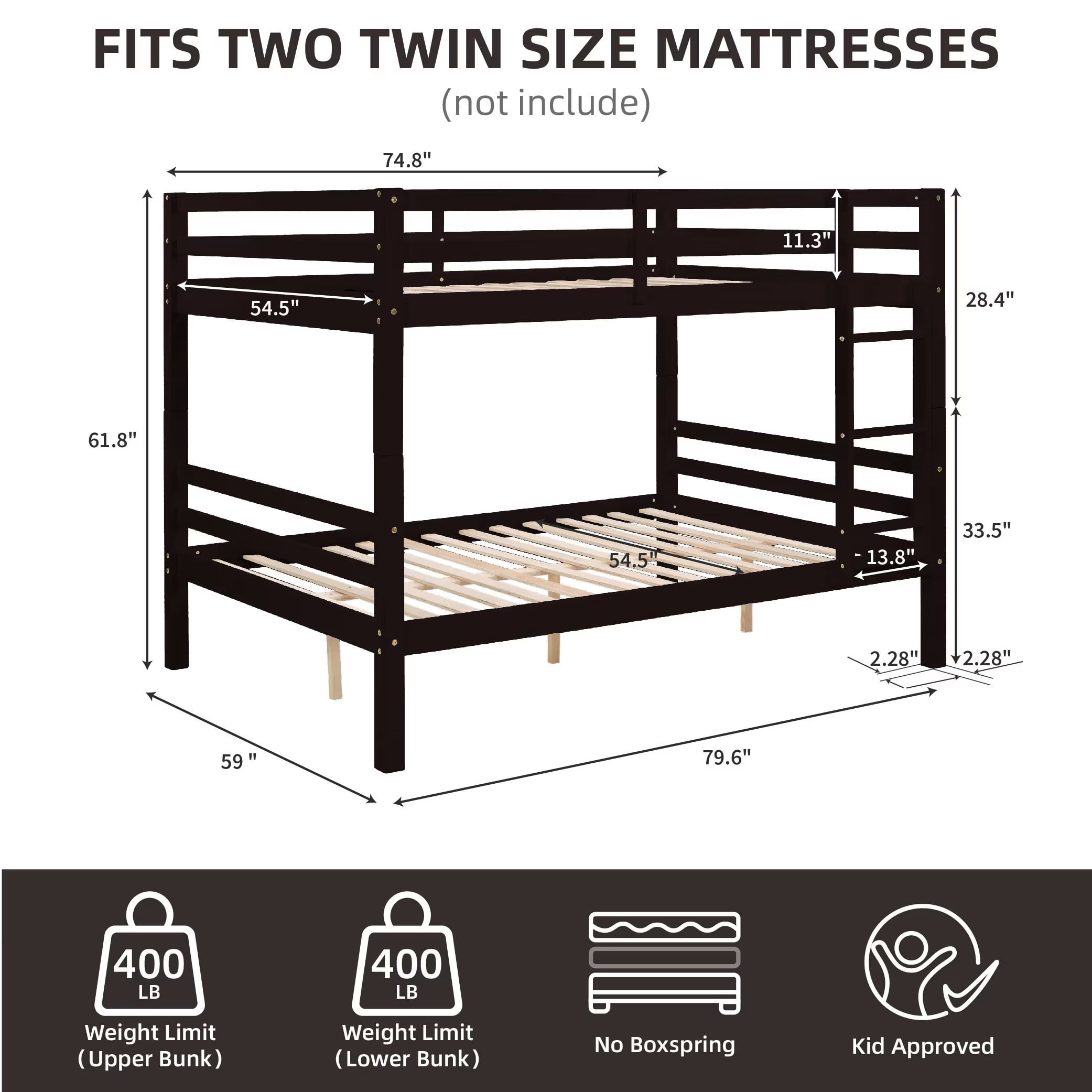 Full Over Full Bunk Bed, Solid Wood Bunk Bed Frame with High Guardrails, Ladder, Heavy Duty Wooden Slats, No Box Spring Needed for Kids, Teens, Guest Room, Espresso