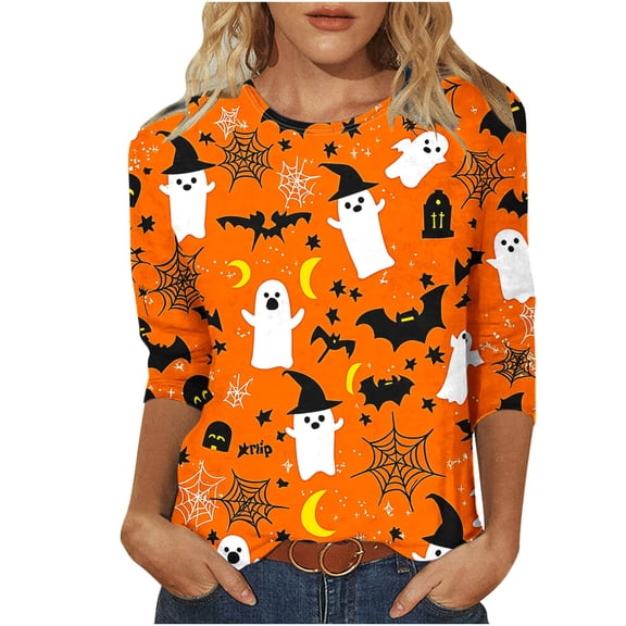Miqool Womens Halloween T-Shirts 3/4 Sleeve Tops Loose Fit Round Neck Casual Tunic Blouse Fall Winter Holiday Graphic Tees,S-5XL