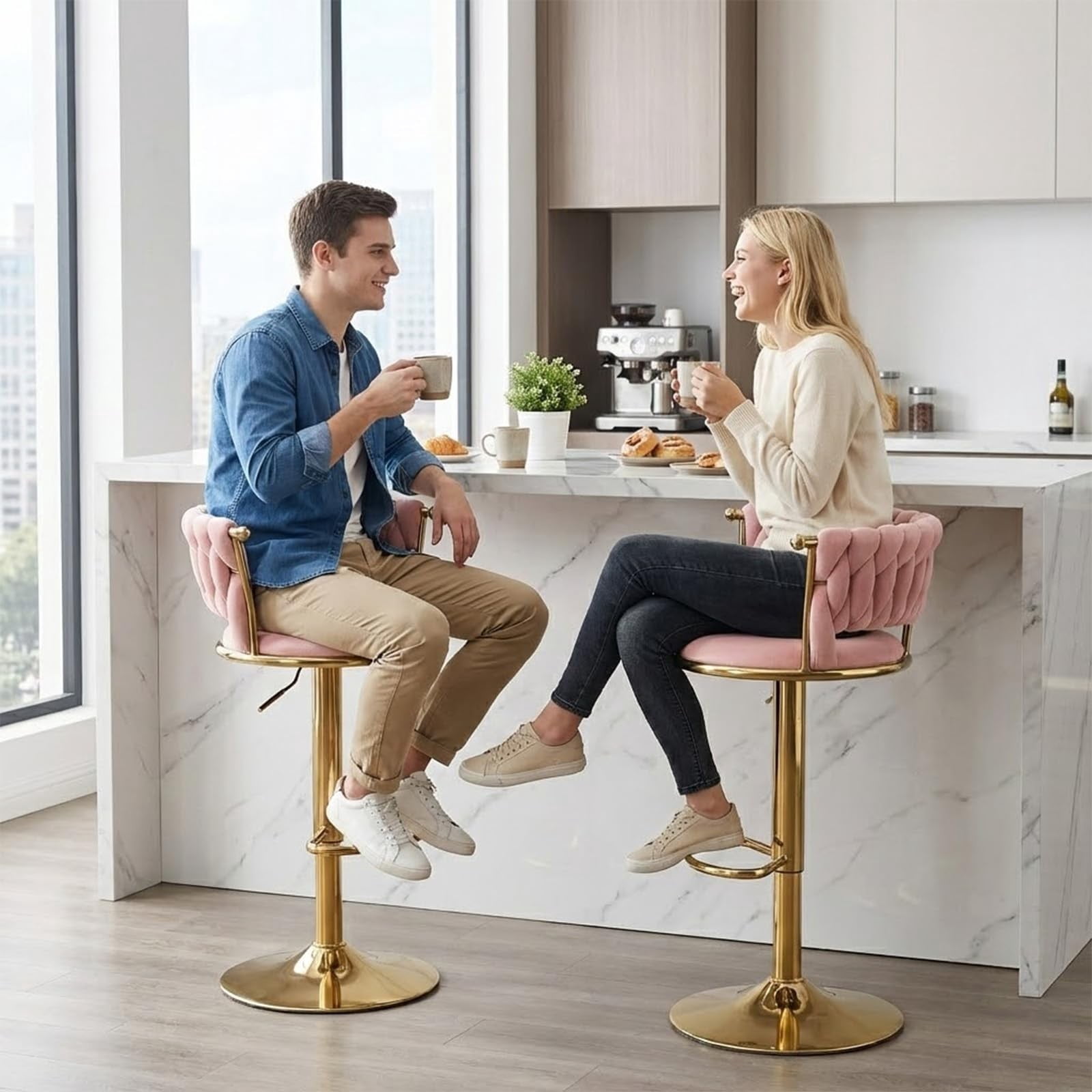 Set of 2 360° Swivel Velvet Bar Stools, Adjustable Counter Height Bar Chairs with Gold Metal Base & Low Back, Modern Kitchen Island Barstools for Dining Room & Pub, Pink
