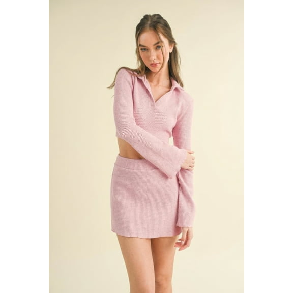 Saronite Basics Casual Waffle Knit Bell Sleeve Seamlessly Stretchy Crop Top And Mini Skirt Set, Pink (Women's)