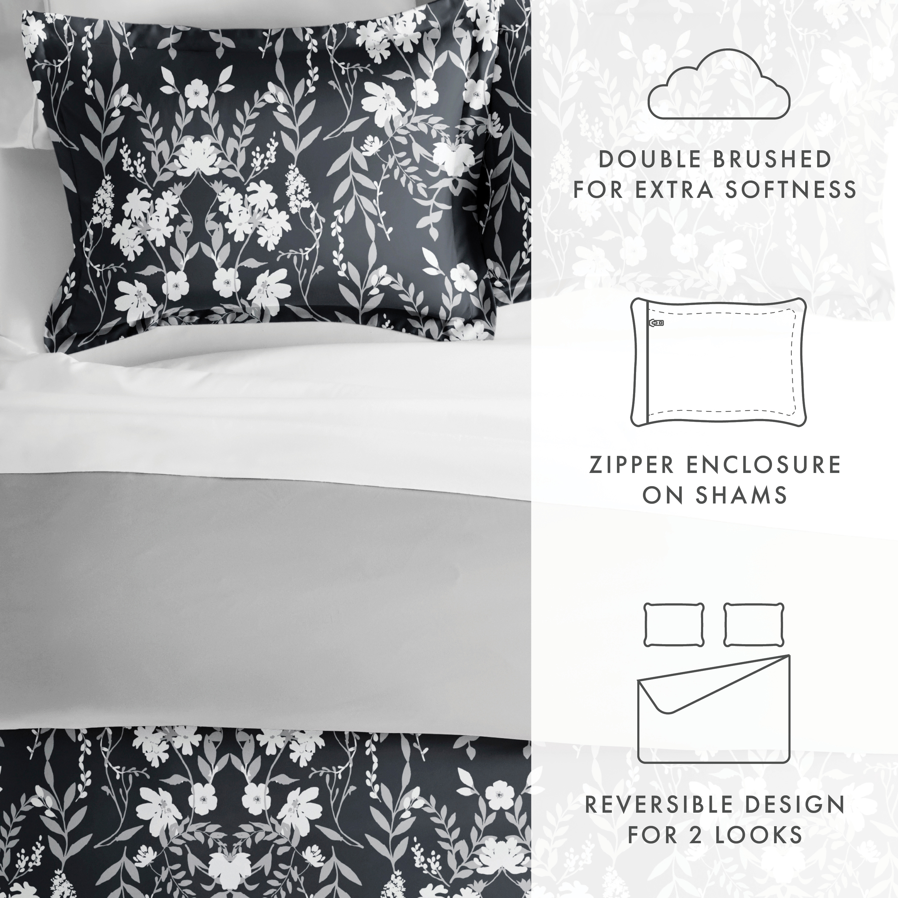 Noble Linens Black Reversible Secret Garden Print 3-Piece Duvet Cover Set, King/CalKing