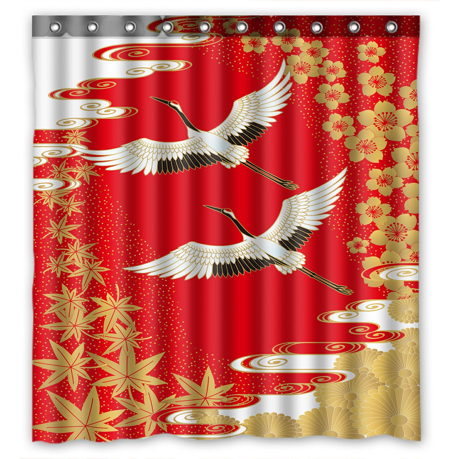 PHFZK Asian Shower Curtain, Classical Japanese Style of Cranes Cherry
