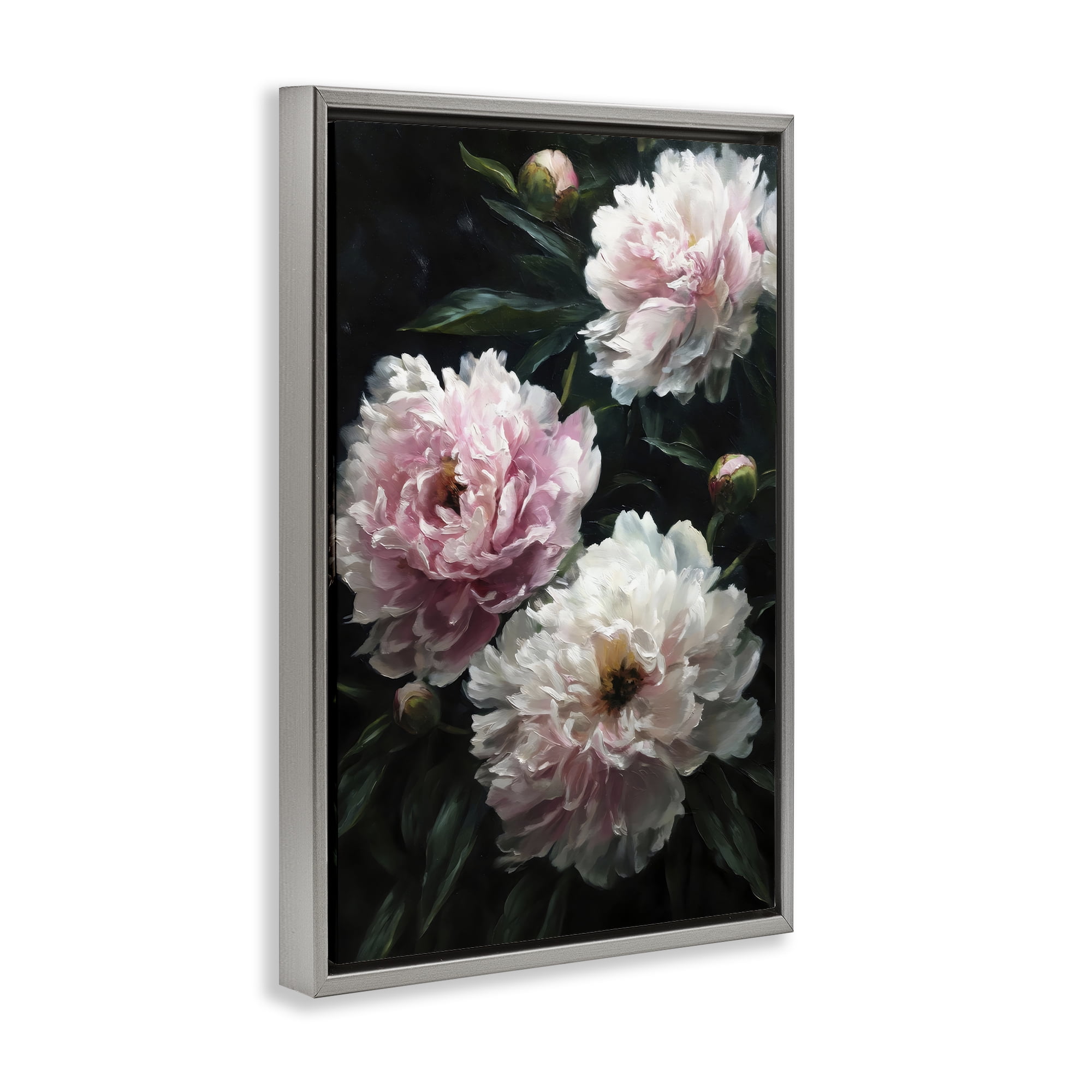 Stupell Industries Soft Pink Peony Garden Gray Framed Floater Canvas Wall Art, design by Petal Prints Design