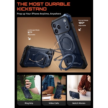 SUPCASE N52 Strong Magnet Case for 2025 iPhone 17 Pro (6.3) with Camera Control Button with Kickstand Rugged Shockproof Anti-Slip Grip Case [Compatible with MagSafe] Magnetic Phone Cover, Azure