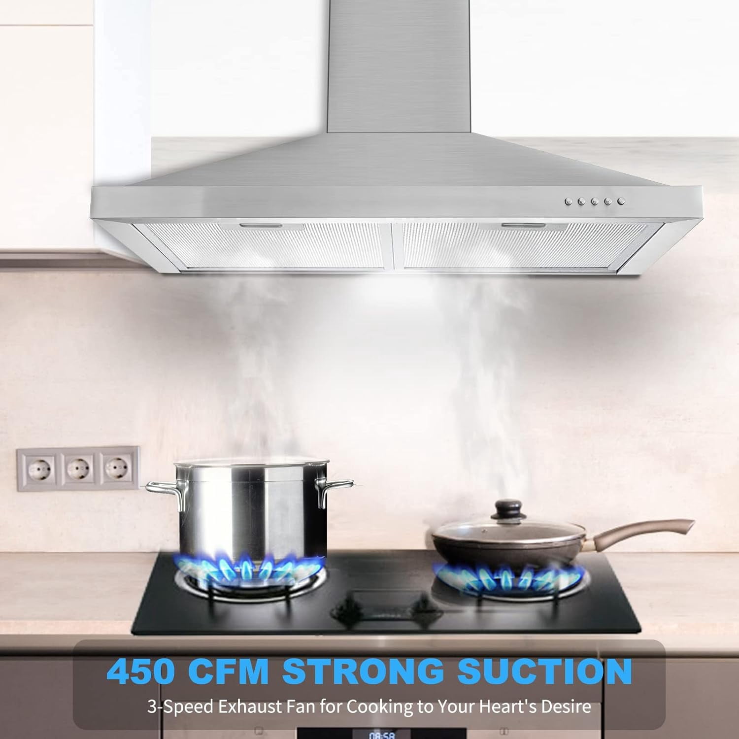 30 inch Wall Mount Range Hood 450 CFM with Ducted/Ductless Convertible Duct Stainless Steel Chimney-Style Over Stove Vent Hood with LED Light 3 Speed Exhaust Fan Black Hood Vents for Kitchen