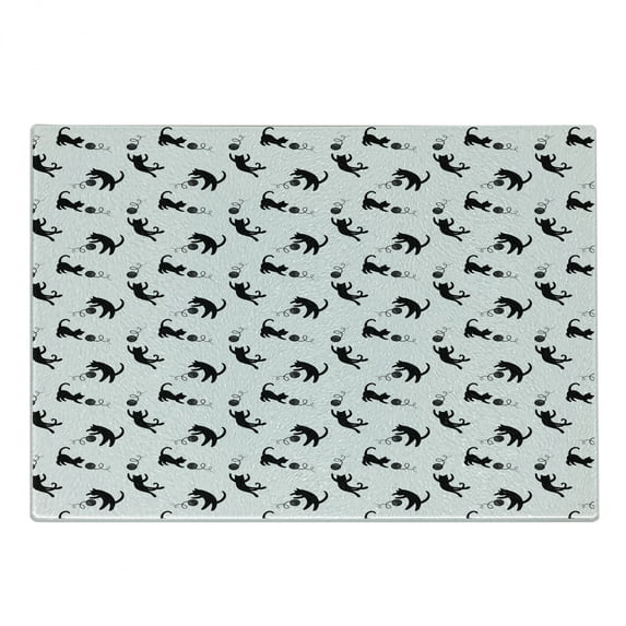 Cat Cutting Board, Domestic Animals Chasing After Yarn Balls Jumping Playful Kitties Feline Fun, Decorative Tempered Glass Cutting and Serving Board, Small Size, Black White, by Ambesonne