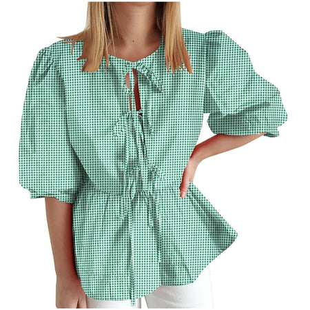 JGGSPWM Women s Summer Tie Front Puff Short Sleeve Babydoll Peplum Tunic Aesthetic Vintage Lace Up Blouses Trendy Tops Green L