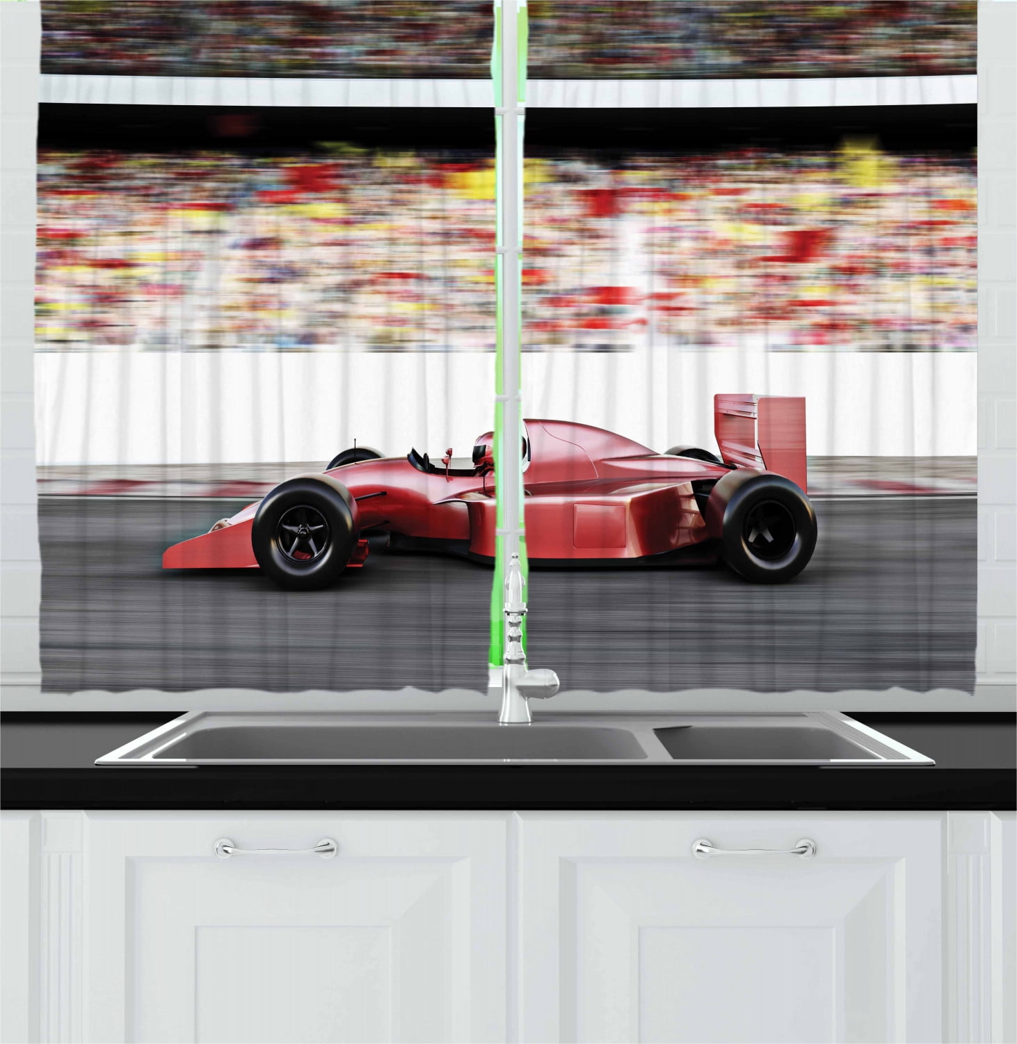 Cars Curtains 2 Panels Set, Sports Theme Red Race Car Side View on a