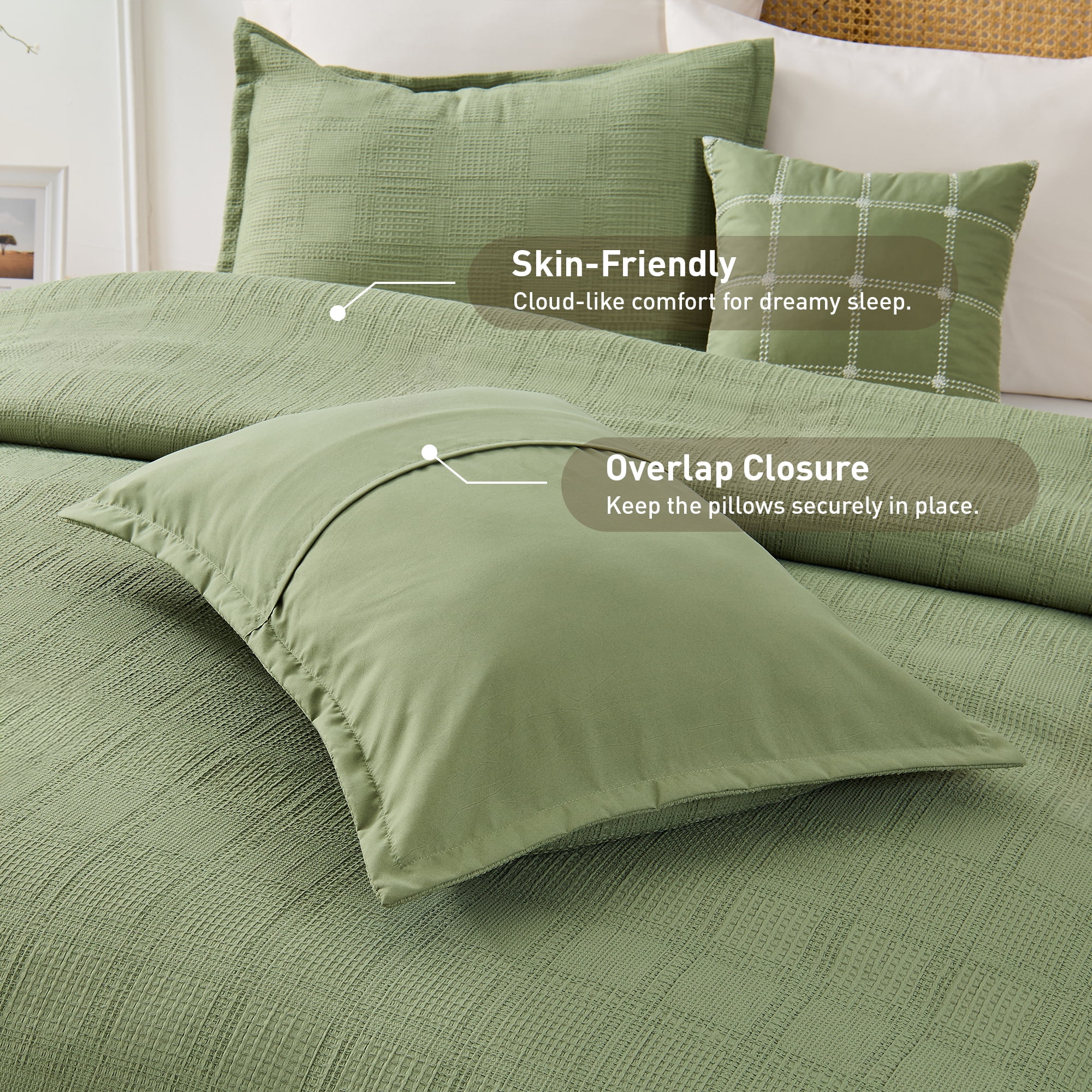 Regency Heights Waffle Weave Duvet Cover Set Full/Queen Size, Breathable Duvet Cover Set for All Season, 3-Piece Textured Bedding Set with Pillow Shams, Green
